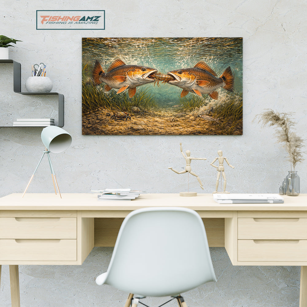 Battle Underwater: Red Drum Fighting Over Shrimp, Saltwater Fishing Painting on Canvas NHT469