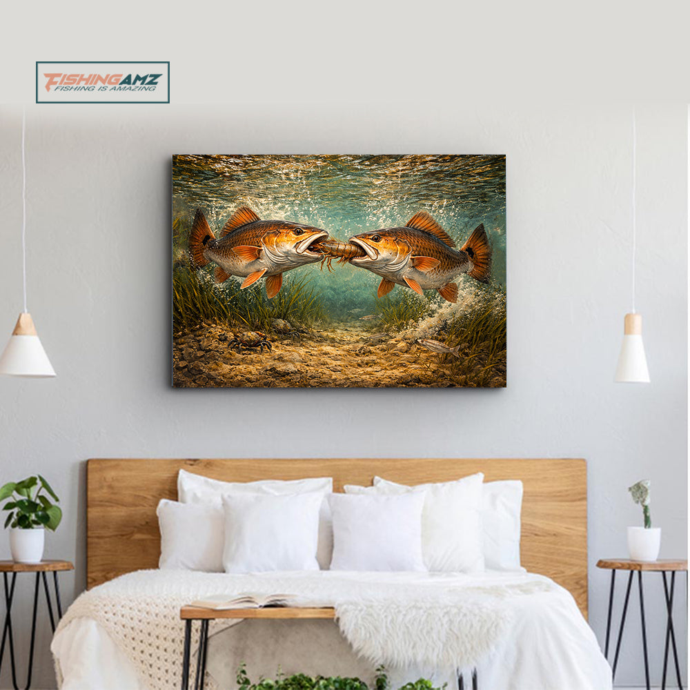 Battle Underwater: Red Drum Fighting Over Shrimp, Saltwater Fishing Painting on Canvas NHT469