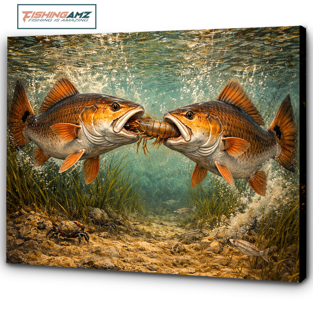 Battle Underwater: Red Drum Fighting Over Shrimp, Saltwater Fishing Painting on Canvas NHT469