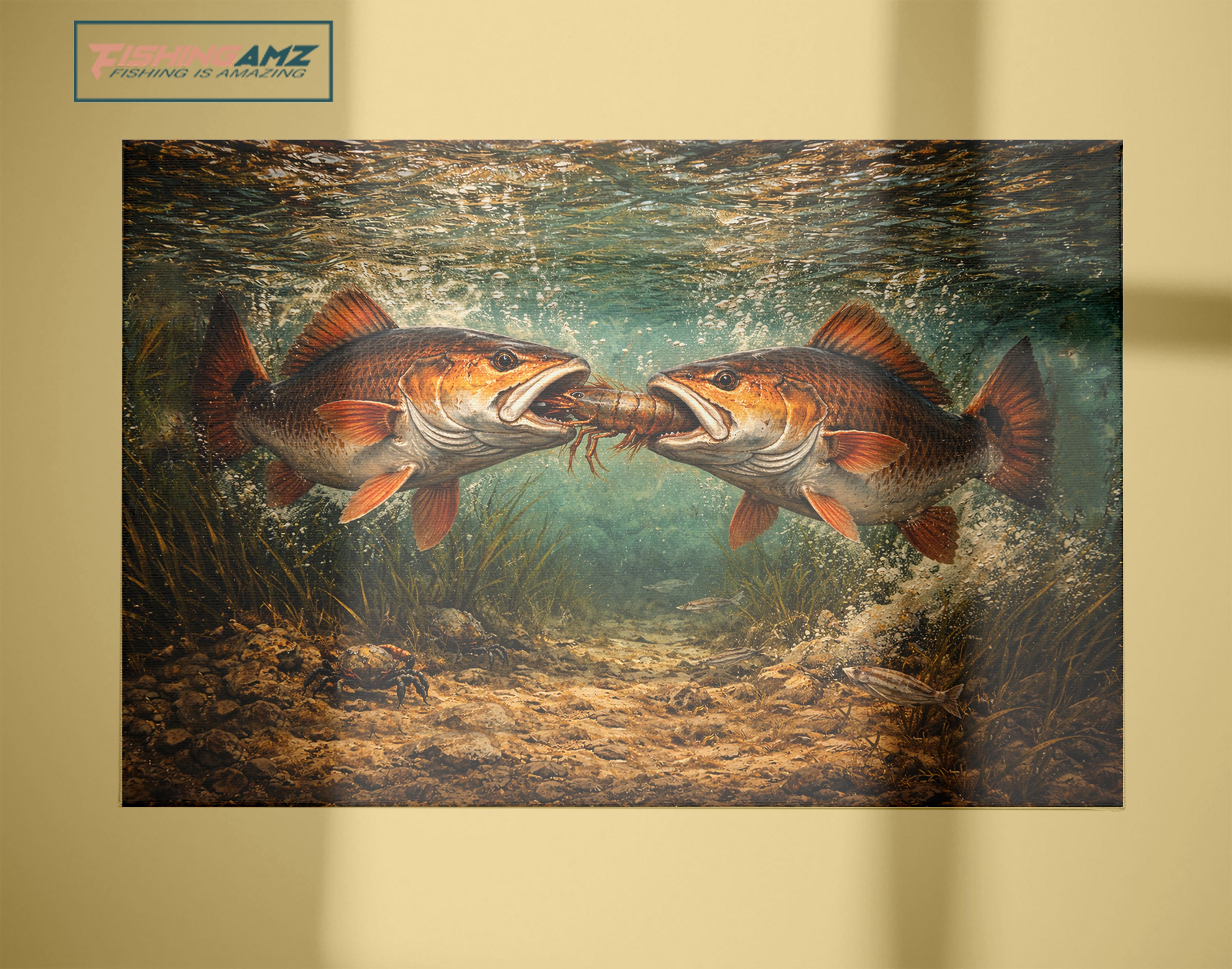Battle Underwater: Red Drum Fighting Over Shrimp, Saltwater Fishing Painting on Canvas NHT469