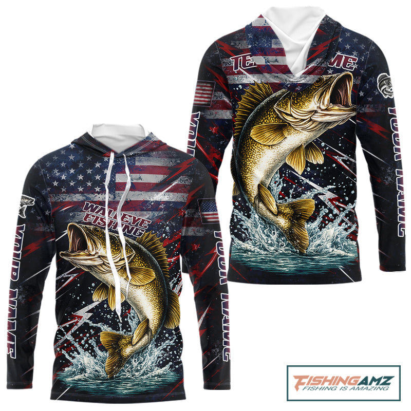 Personalized US flag walleye hooded fishing shirt, patriotic walleye fishing apparel