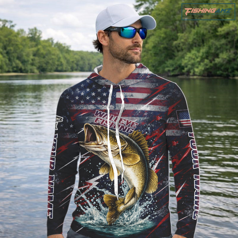 Personalized US flag walleye hooded fishing shirt, patriotic walleye fishing apparel