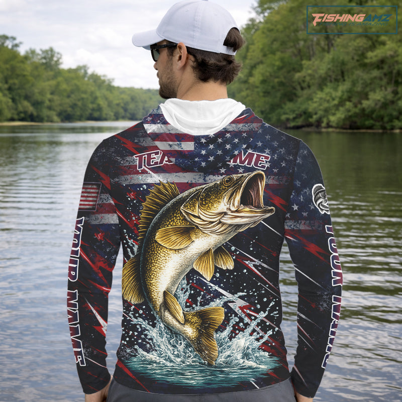 Personalized US Flag Walleye Fishing Shirts Long Sleeve Hooded, Patriotic Walleye Fishing Apparel NHT482