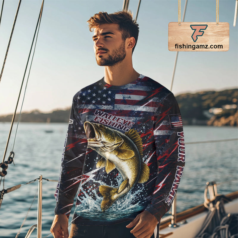 Personalized US flag walleye fishing shirt, patriotic walleye fishing apparel