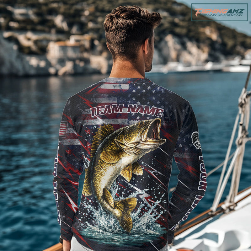Personalized US flag walleye fishing shirt, patriotic walleye fishing apparel
