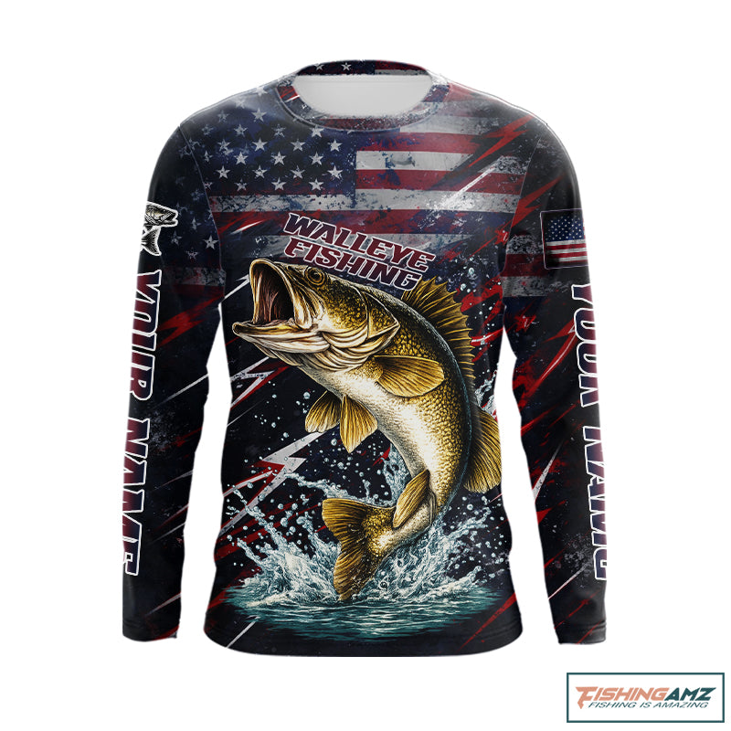 Personalized US flag walleye fishing shirt, patriotic walleye fishing apparel