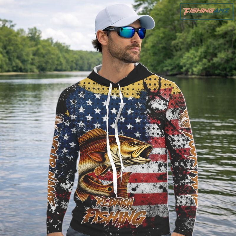 American Flag Custom Redfish Fishing Shirts Long Sleeve Hooded, Patriotic Redfish Fishing Jerseys NHT484