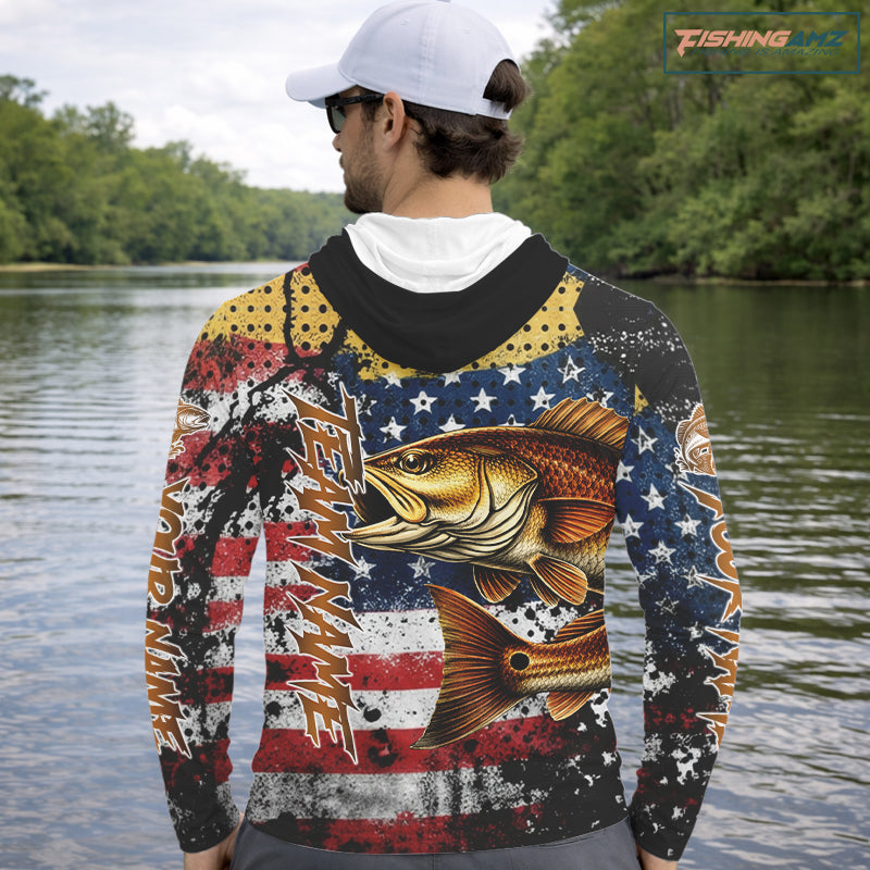 American Flag Custom Redfish Fishing Shirts Long Sleeve Hooded, Patriotic Redfish Fishing Jerseys NHT484