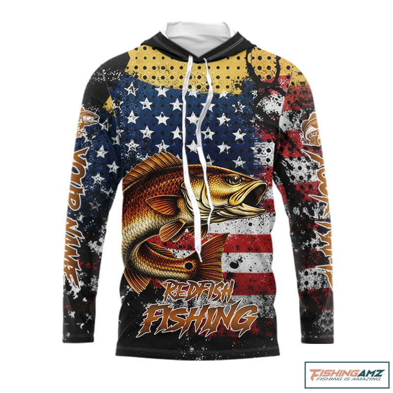 American Flag Custom Redfish Fishing Shirts Long Sleeve Hooded, Patriotic Redfish Fishing Jerseys NHT484