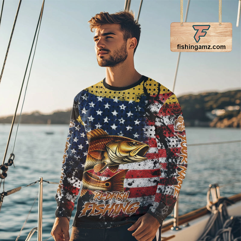 American Flag Custom Redfish Fishing Shirts Long Sleeve, Patriotic Redfish Fishing Jerseys NHT484