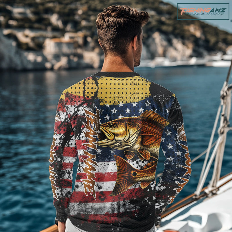 American Flag Custom Redfish Fishing Shirts Long Sleeve, Patriotic Redfish Fishing Jerseys NHT484