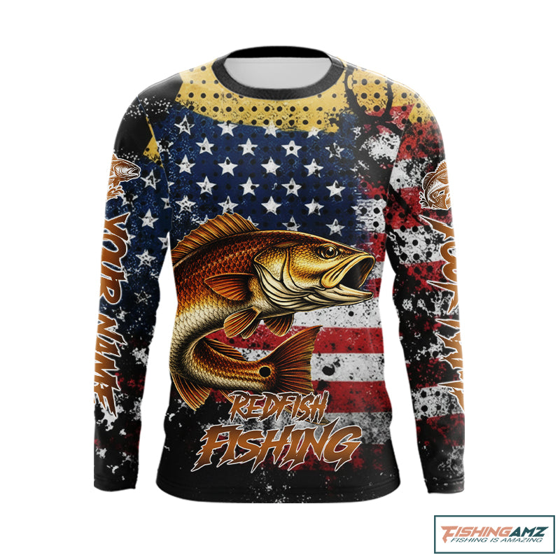 American Flag Custom Redfish Fishing Shirts Long Sleeve, Patriotic Redfish Fishing Jerseys NHT484