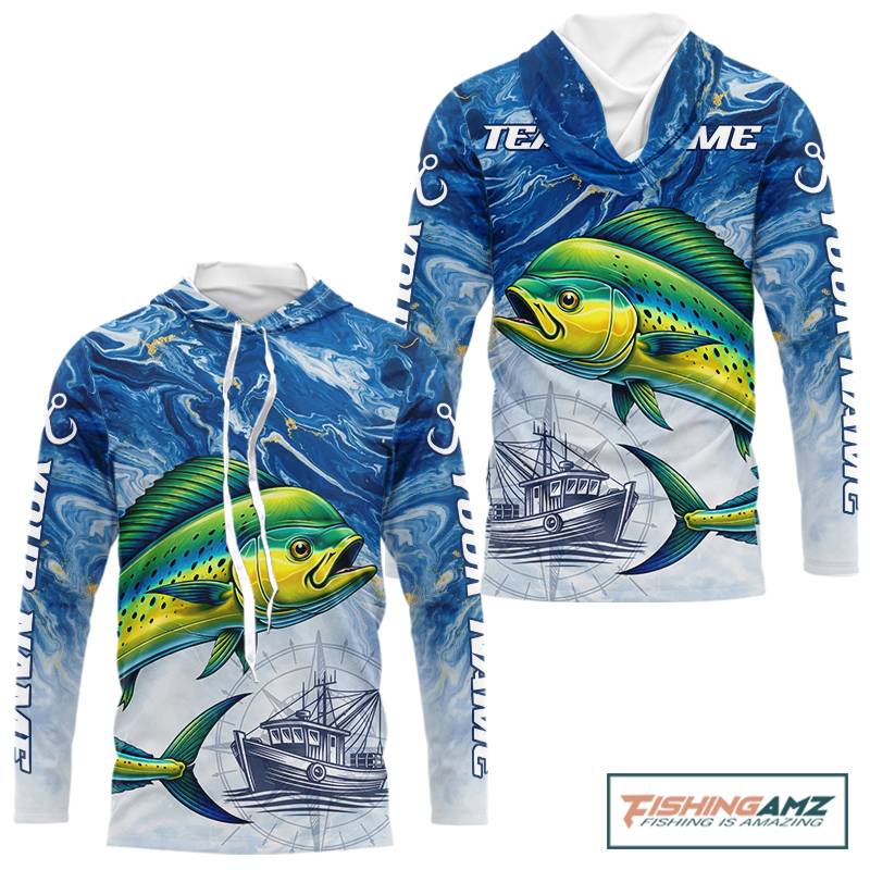 Personalized Mahi Mahi Fishing Shirt With Ocean Wave Graphic, Hooded Long Sleeve Fishing Apparel NHT612
