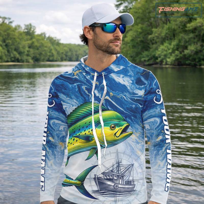 Personalized Mahi Mahi Fishing Shirt With Ocean Wave Graphic, Hooded Long Sleeve Fishing Apparel NHT612