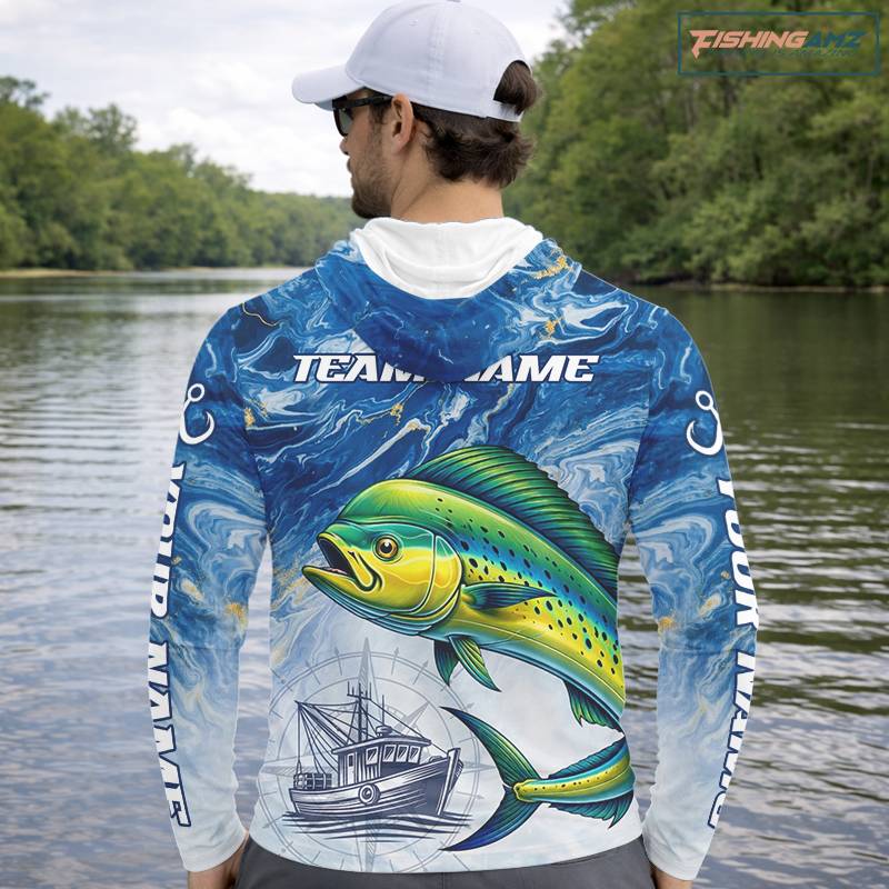 Personalized Mahi Mahi Fishing Shirt With Ocean Wave Graphic, Hooded Long Sleeve Fishing Apparel NHT612