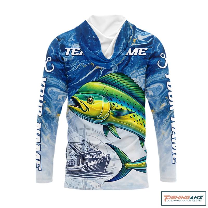 Personalized Mahi Mahi Fishing Shirt With Ocean Wave Graphic, Hooded Long Sleeve Fishing Apparel NHT612