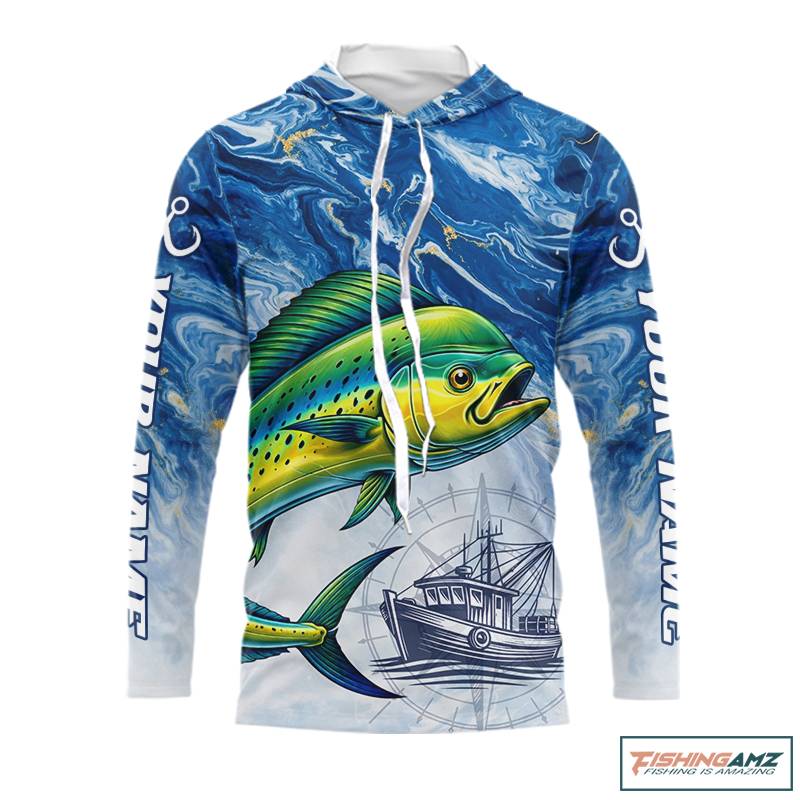 Personalized Mahi Mahi Fishing Shirt With Ocean Wave Graphic, Hooded Long Sleeve Fishing Apparel NHT612