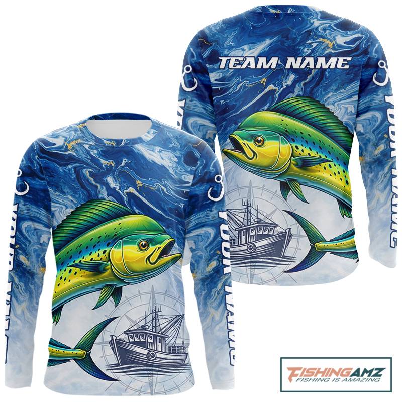 Personalized Mahi Mahi Fishing Shirt With Ocean Wave Graphic, Long Sleeve Fishing Apparel NHT612