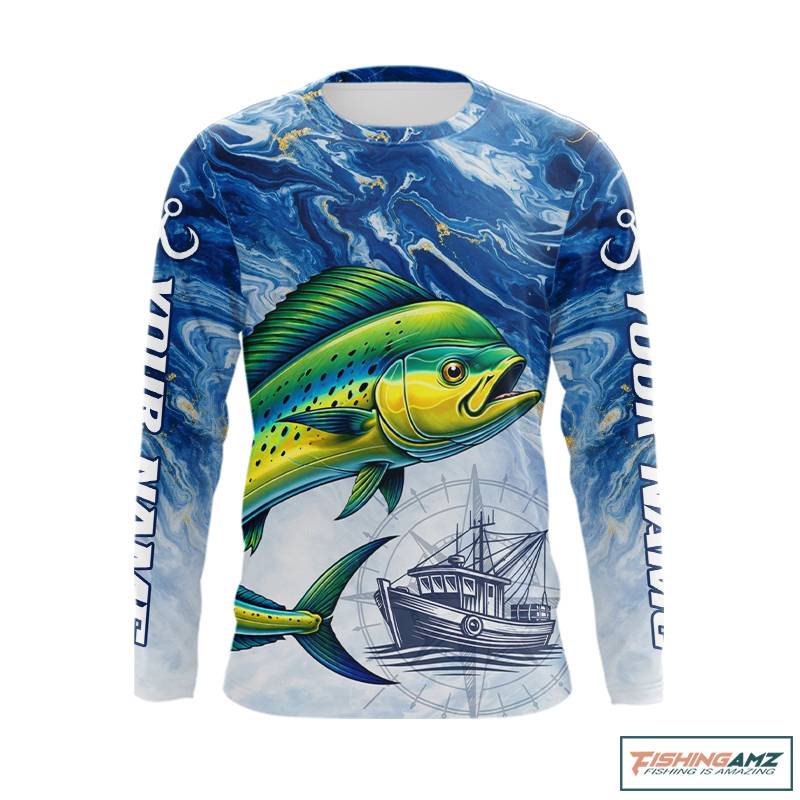 Personalized Mahi Mahi Fishing Shirt With Ocean Wave Graphic, Long Sleeve Fishing Apparel NHT612