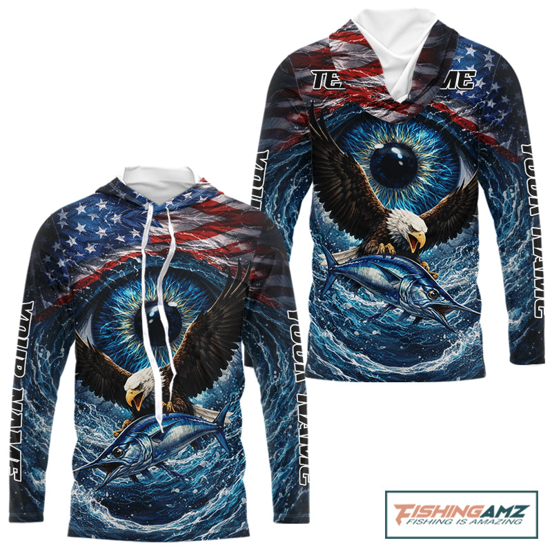 USA Eagle Marlin Fishing Shirt Long Sleeve Hooded – Custom Name Patriotic Ocean Eye Design  NHT429