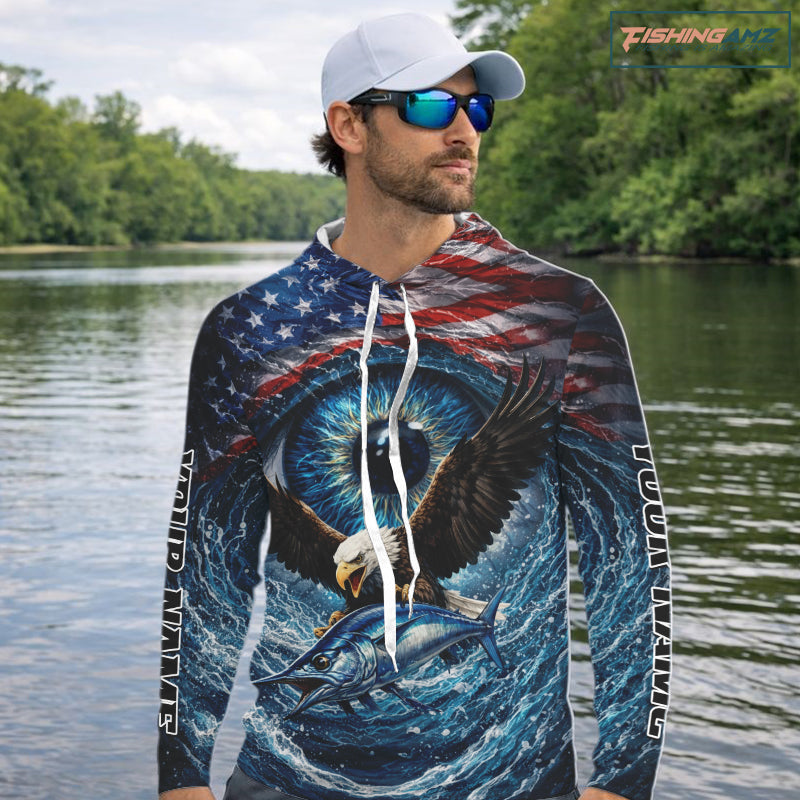 USA Eagle Marlin Fishing Shirt Long Sleeve Hooded – Custom Name Patriotic Ocean Eye Design  NHT429