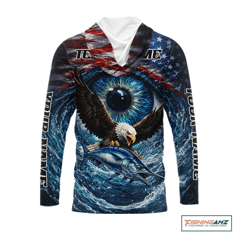 USA Eagle Marlin Fishing Shirt Long Sleeve Hooded – Custom Name Patriotic Ocean Eye Design  NHT429