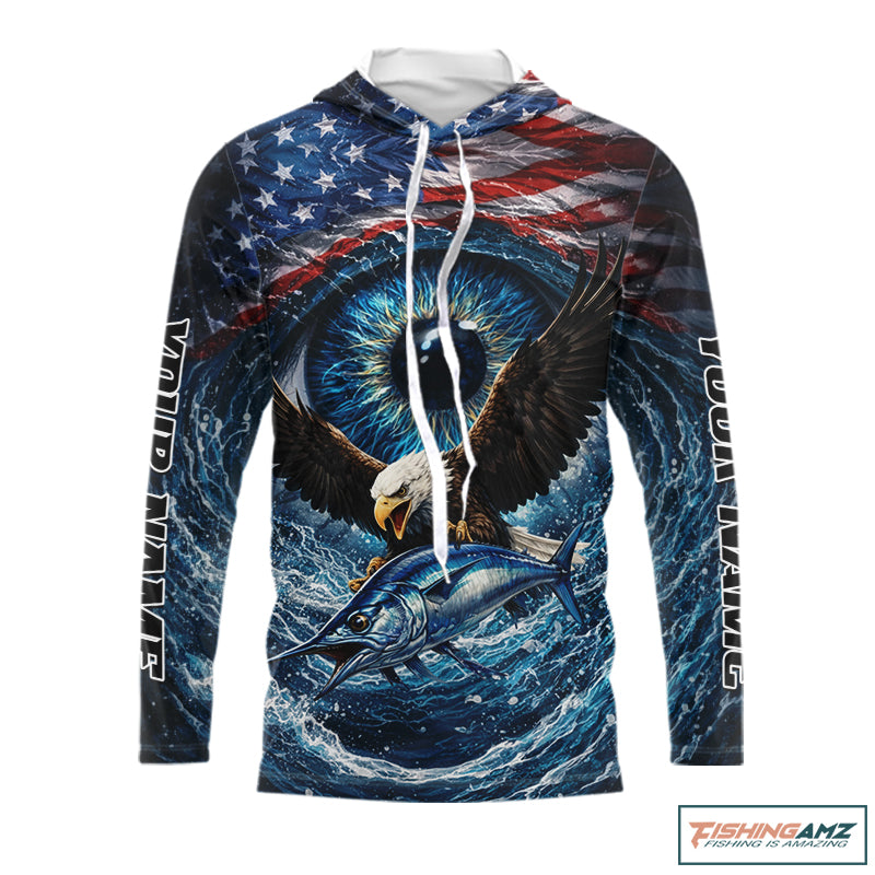 USA Eagle Marlin Fishing Shirt Long Sleeve Hooded – Custom Name Patriotic Ocean Eye Design  NHT429
