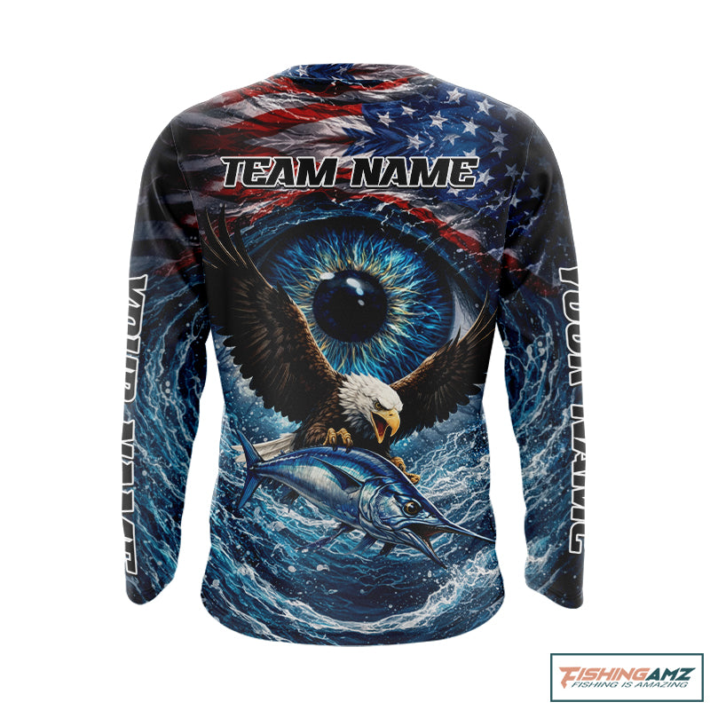 USA Eagle Marlin Fishing Shirt Long Sleeve – Custom Name Patriotic Ocean Eye Design  NHT429