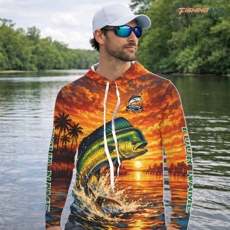 Personalized mahi mahi dolphin fish hooded fishing shirt, sunset ocean design