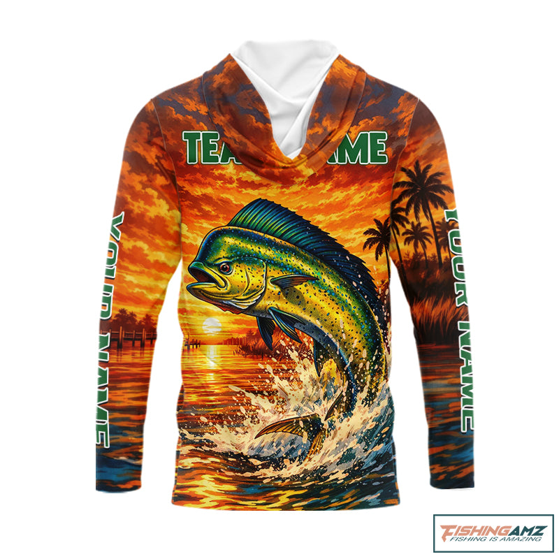 Personalized mahi mahi dolphin fish hooded fishing shirt, sunset ocean design