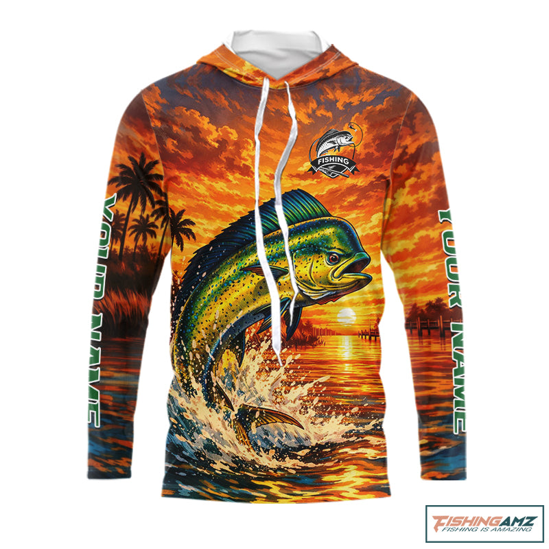 Personalized mahi mahi dolphin fish hooded fishing shirt, sunset ocean design