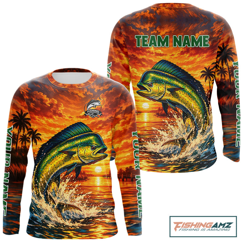 Personalized mahi mahi dolphin fish fishing shirt, sunset ocean design
