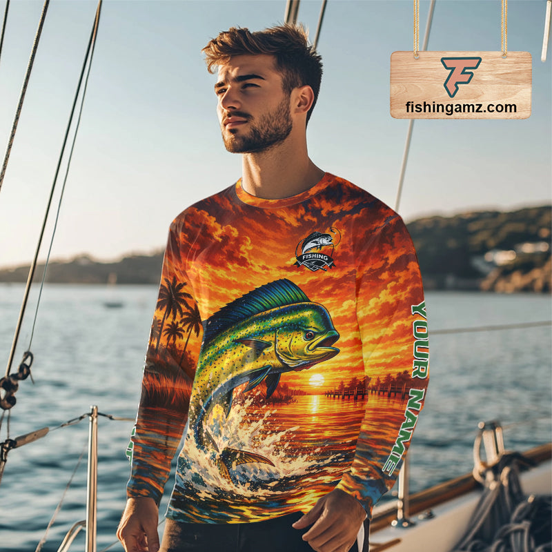 Personalized mahi mahi dolphin fish fishing shirt, sunset ocean design