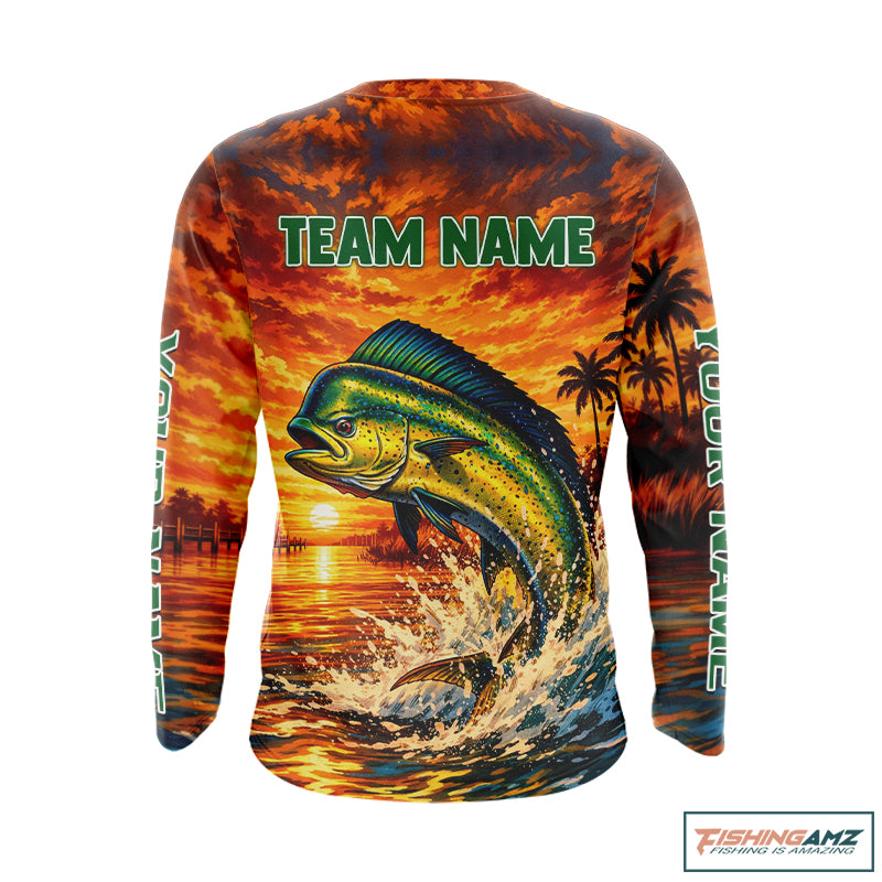 Personalized mahi mahi dolphin fish fishing shirt, sunset ocean design