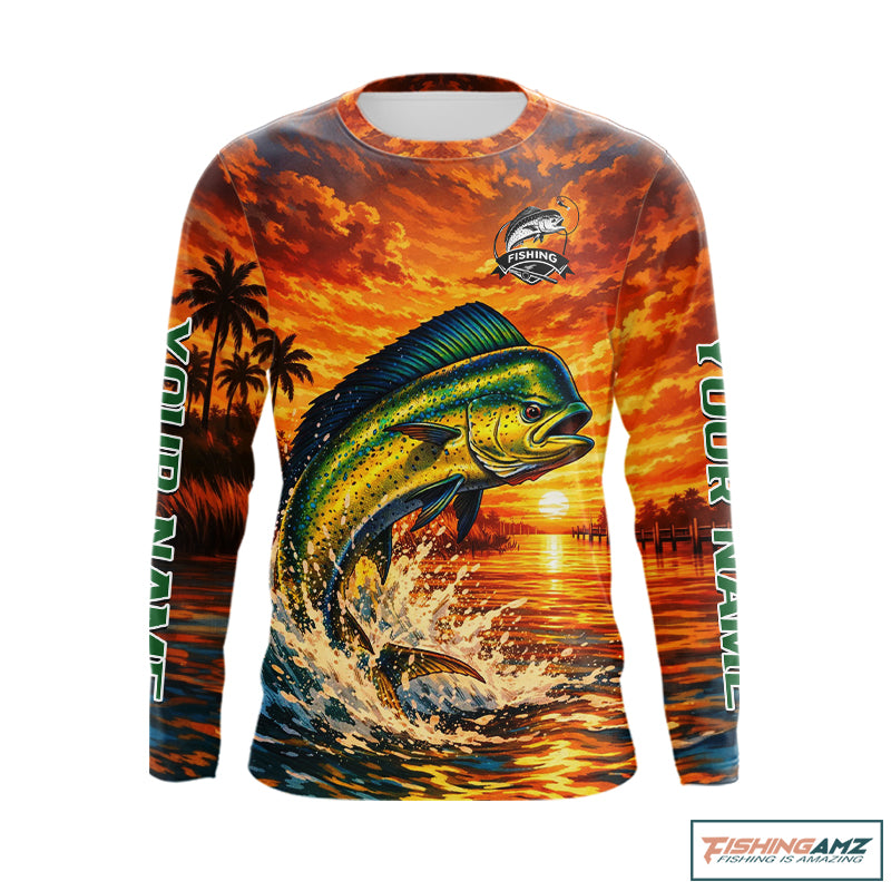 Personalized mahi mahi dolphin fish fishing shirt, sunset ocean design