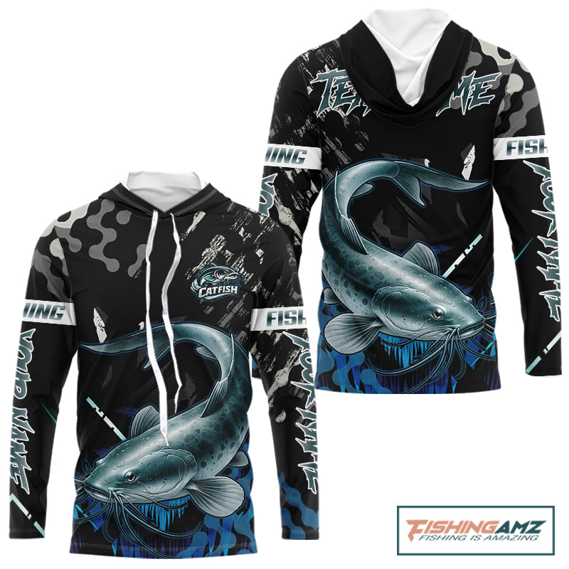 Black Camo Custom Catfish Hooded Fishing Shirts Long Sleeve, Catfish Fishing Jerseys For Men NHT499
