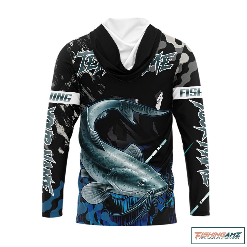 Black Camo Custom Catfish Hooded Fishing Shirts Long Sleeve, Catfish Fishing Jerseys For Men NHT499
