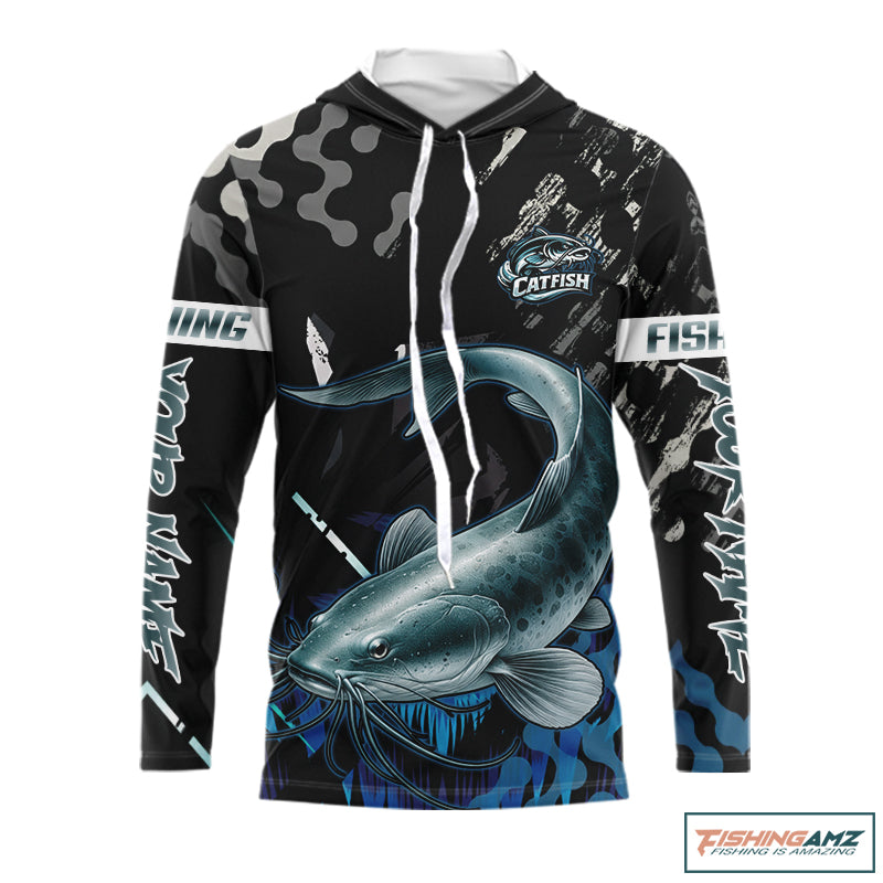 Black Camo Custom Catfish Hooded Fishing Shirts Long Sleeve, Catfish Fishing Jerseys For Men NHT499