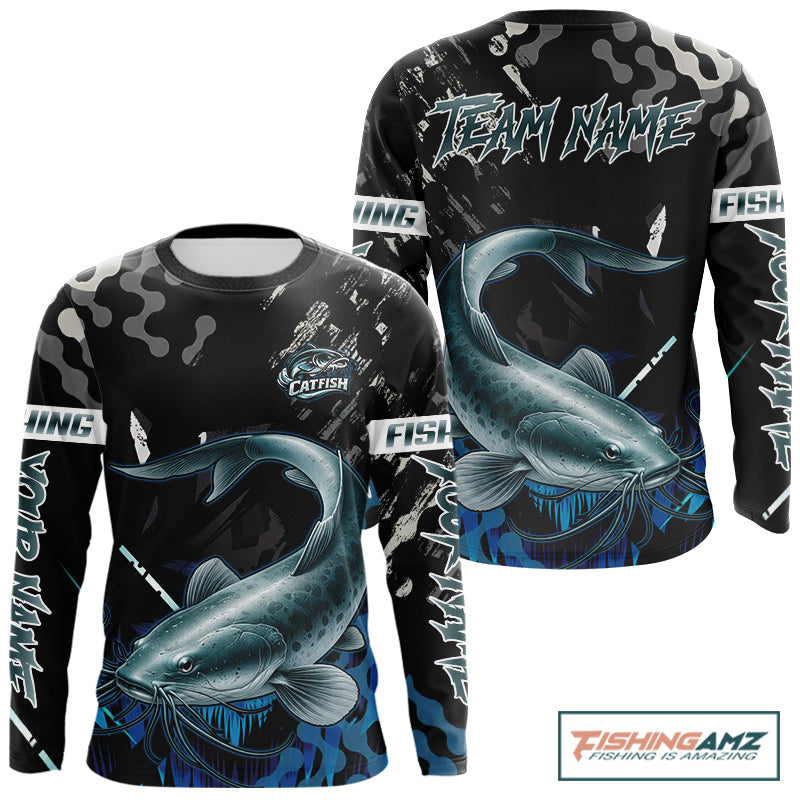 Black Camo Custom Catfish Fishing Shirts Long Sleeve, Catfish Fishing Jerseys For Men NHT499