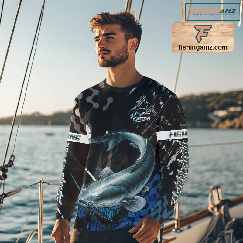 Black Camo Custom Catfish Fishing Shirts Long Sleeve, Catfish Fishing Jerseys For Men NHT499