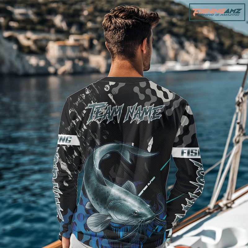 Black Camo Custom Catfish Fishing Shirts Long Sleeve, Catfish Fishing Jerseys For Men NHT499