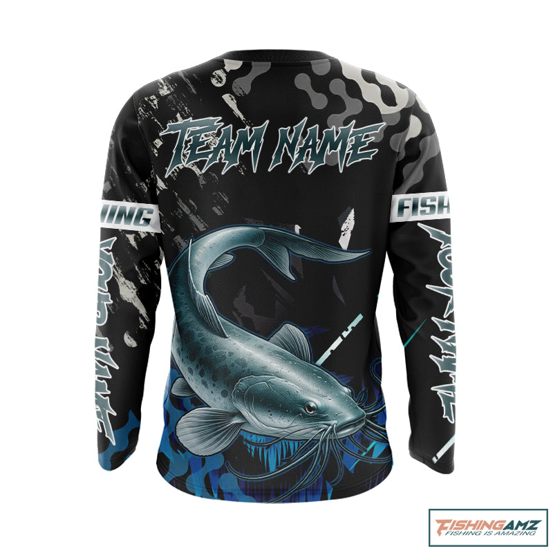 Black Camo Custom Catfish Fishing Shirts Long Sleeve, Catfish Fishing Jerseys For Men NHT499
