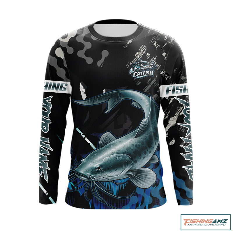 Black Camo Custom Catfish Fishing Shirts Long Sleeve, Catfish Fishing Jerseys For Men NHT499