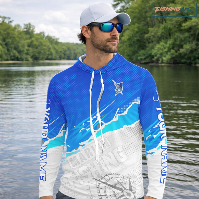 Marlin Fishing Custom Hooded Fishing Shirts Long Sleeve For Men, Marlin Saltwater Fishing Shirt NHT643