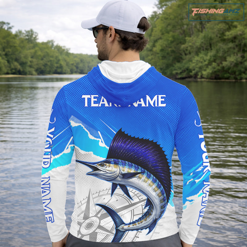 Sailfish Fishing Custom Hooded Fishing Shirts Long Sleeve For Men, Sailfish Saltwater Fishing Shirt NHT644