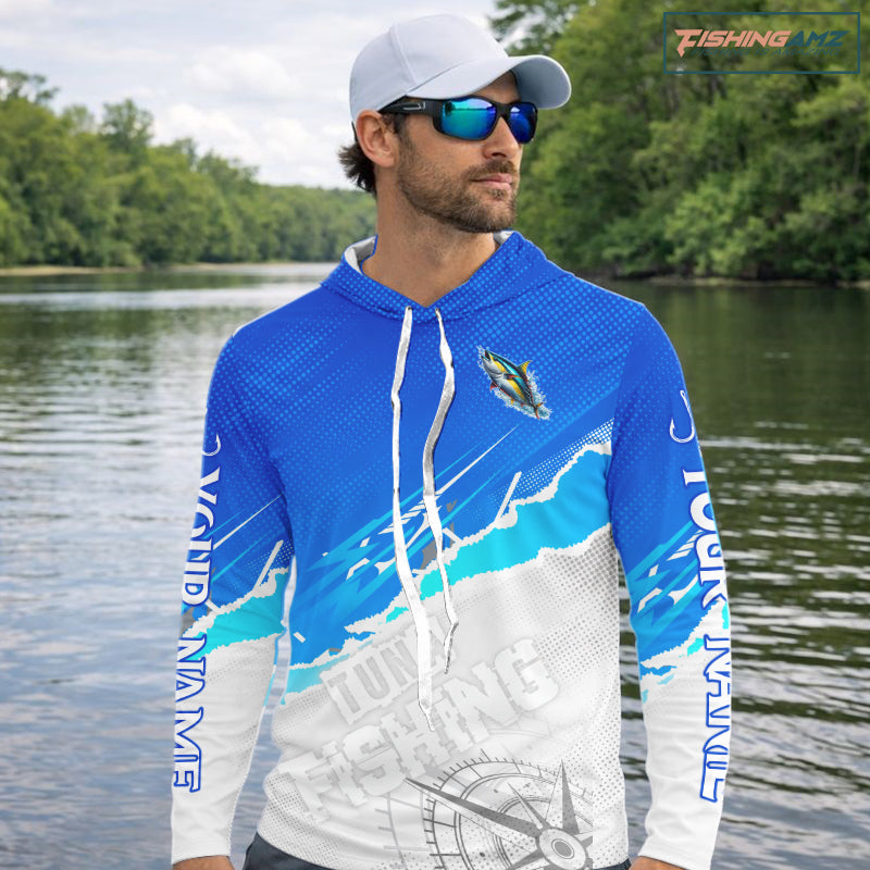 Tuna Fishing Custom Hooded Fishing Shirts Long Sleeve For Men, Tuna Saltwater Fishing Shirt NHT645