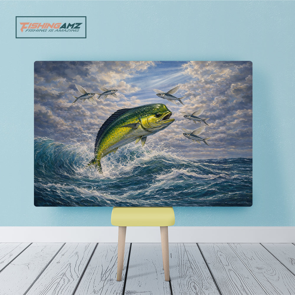 Offshore Action: Mahi Mahi Chasing Flying Fish – Ocean Fishing Canvas Art 3D NHT441