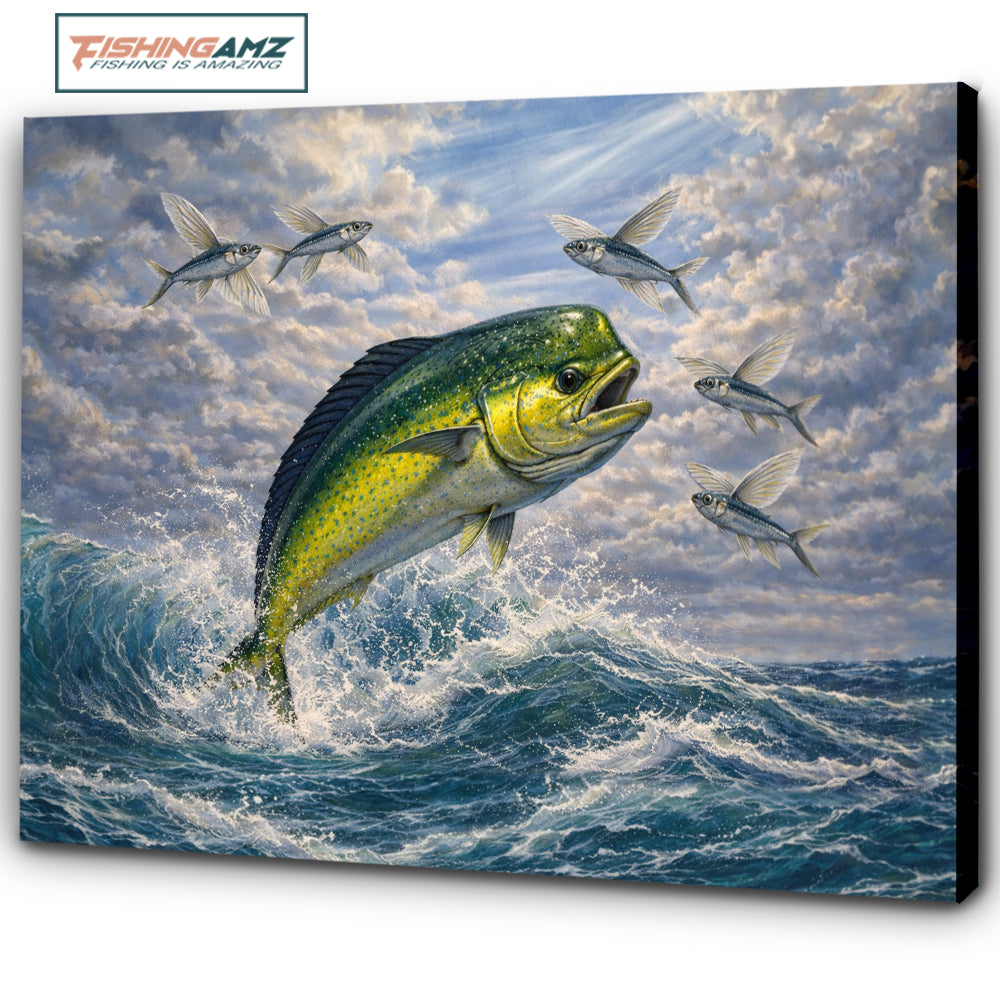 Offshore Action: Mahi Mahi Chasing Flying Fish – Ocean Fishing Canvas Art 3D NHT441