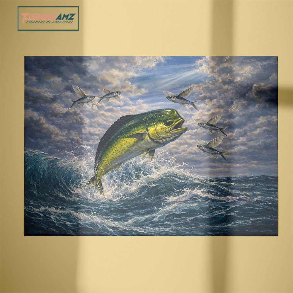 Offshore Action: Mahi Mahi Chasing Flying Fish – Ocean Fishing Canvas Art 3D NHT441