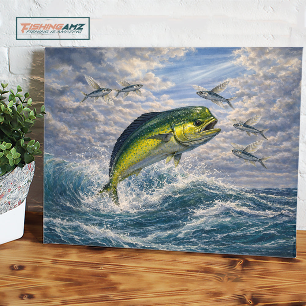 Offshore Action: Mahi Mahi Chasing Flying Fish – Ocean Fishing Canvas Art 3D NHT441